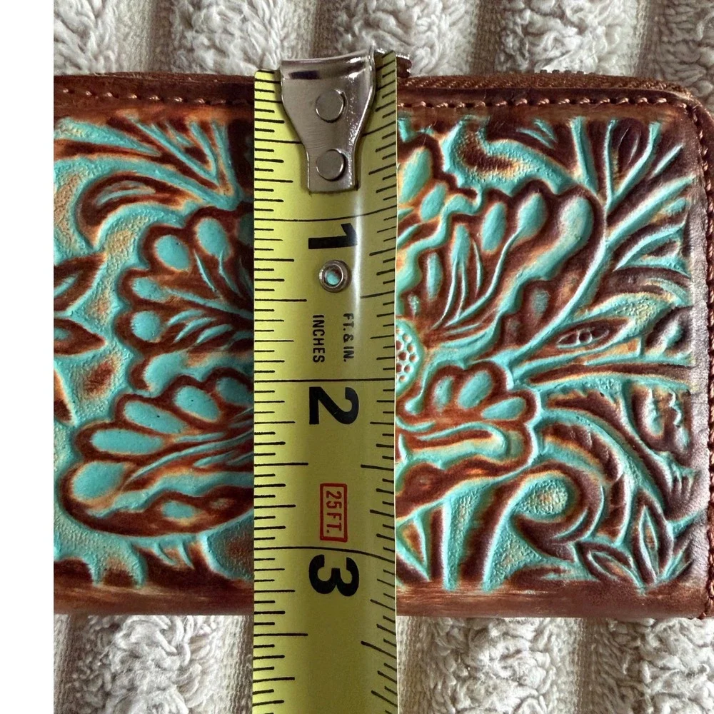 Hand Tooled Leather Accordion‎ Card Wallet Turquoise Floral Western Zip Around